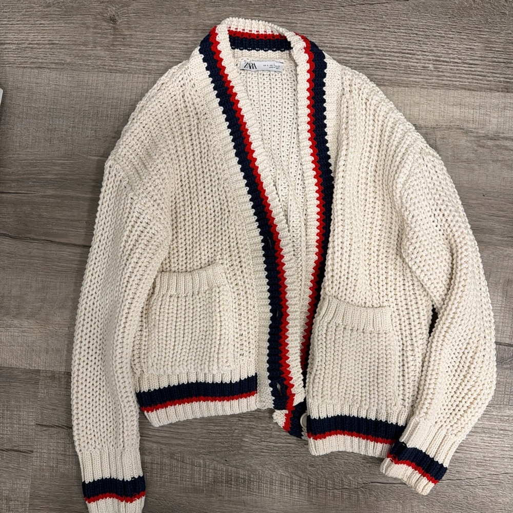 Zara Cream Cardigan with Red and Black Trim